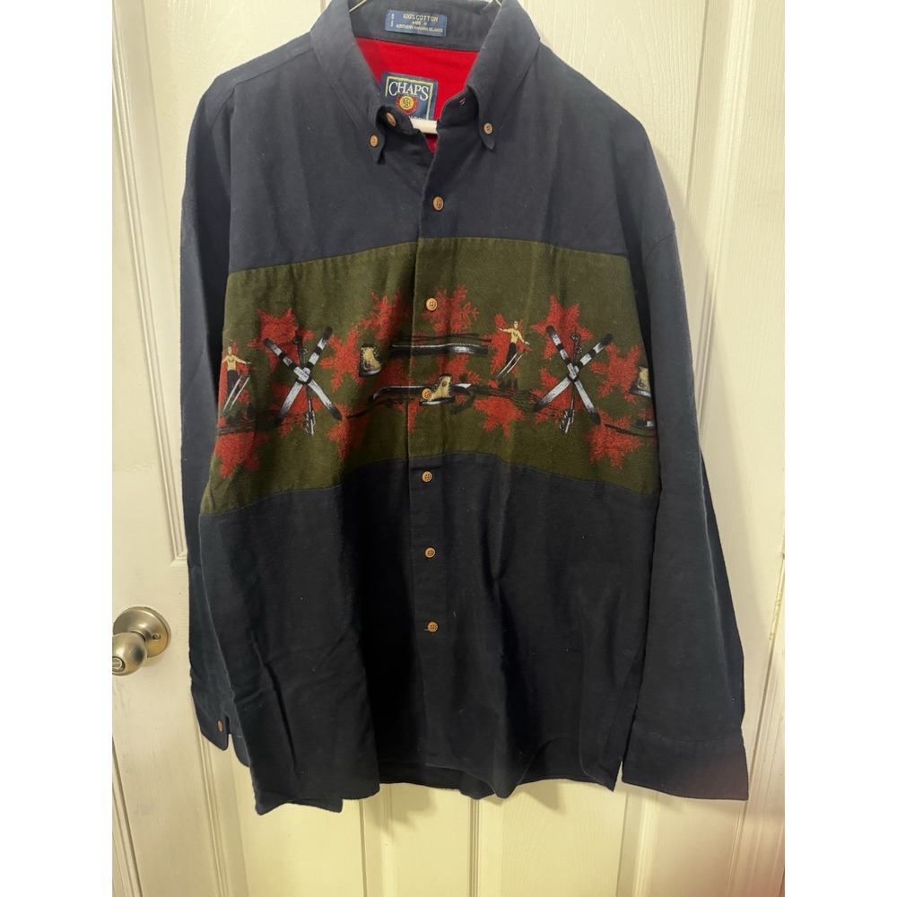 Vintage 90s Chaps Ralph Lauren Mens M Ski Print Cotton Flannel Shirt Cabin Lodge